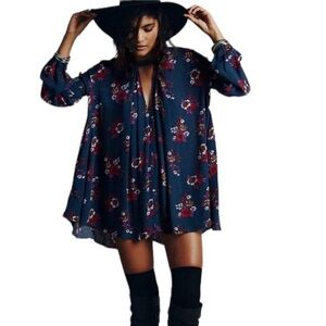 Free People Floral Navy Boho Mini Dress with Tie Neck